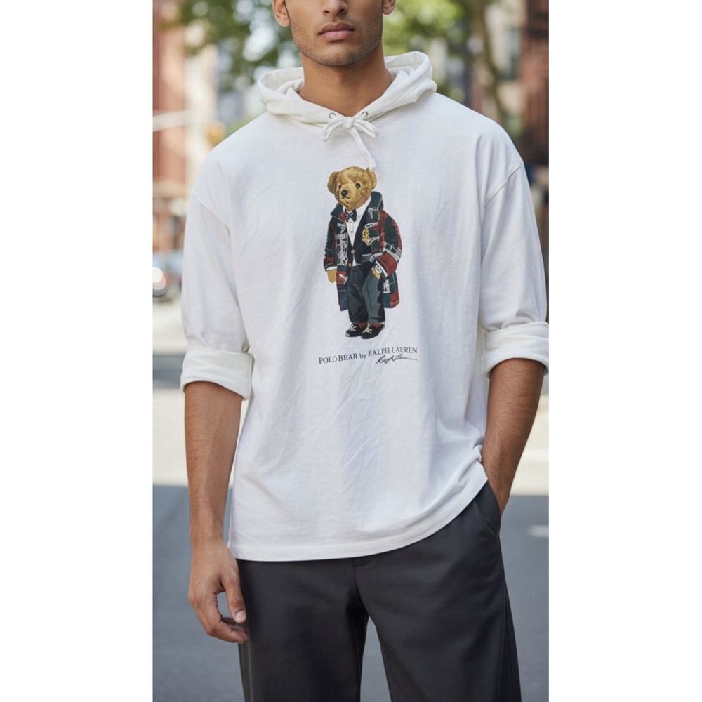 Polo Ralph Lauren Polo Bear Hoodie Shirt Mens L White Duffle Coat Preppy Luxury